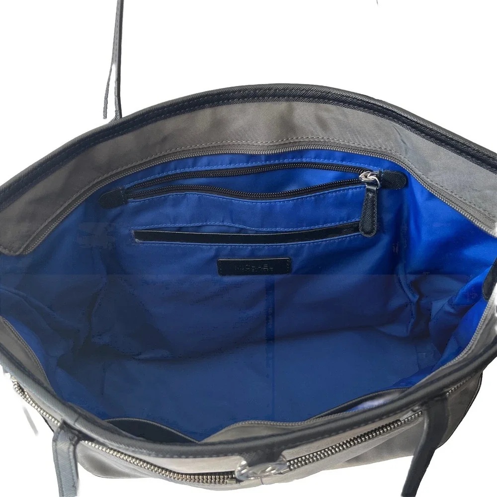 Michael Kors Kempton Gray Nylon Zip Top Tote Bag Purse Blue Lining Large